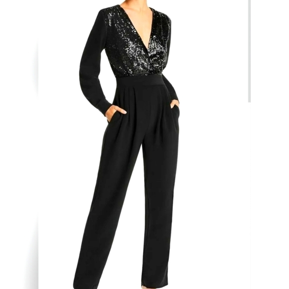 Lini Women Black Sequin Embellished Long-Sleeve V-Neck Crop Jumpsuit